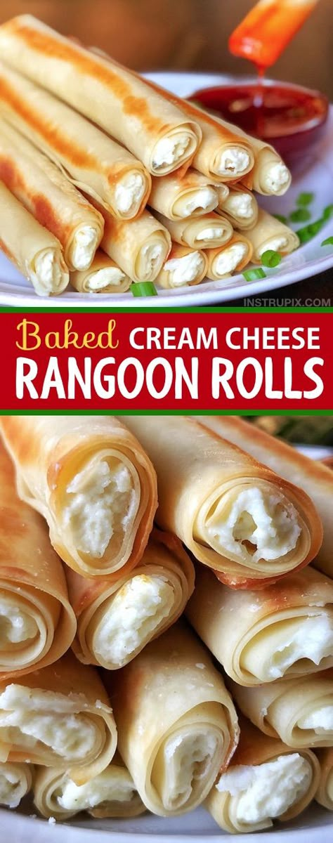 Rangoon Rolls, Cream Cheese Rangoon, Cheese Rangoon, Baked Cream Cheese, Egg Roll Wrappers, Sweet And Sour Sauce, Egg Roll, Think Food, Cooking Wine