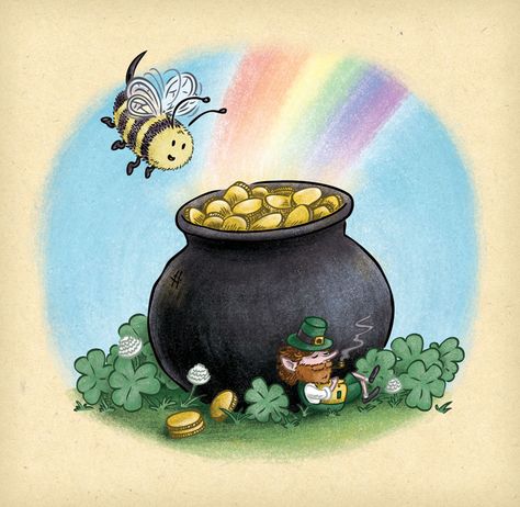 Leprechaun Drawing, Leprechaun Illustration, World Bee Day, St Patric, Gold Drawing, The Leprechaun, San Patrick, Bee Day, End Of The Rainbow