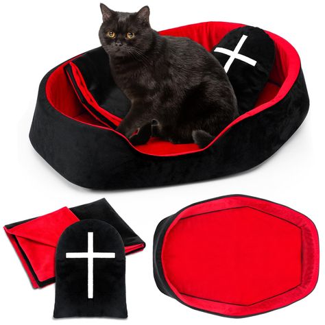 PRICES MAY VARY. Halloween Coffin Cat Bed Set: you will receive 1 red and black coffin cat bed, 1 black tombstone pillow and 1 matching red and black blanket; The color scheme and gothic design make it a striking addition to gothic furniture decor Proper Size: the coffin cat bed, with its dimensions of approximately 48 x 34 x 10 cm/ 18.9 x 13.4 x 3.9 inches, and the tombstone pillow of about 20 x 15 cm/ 7.9 x 5.9 inches, provide ample space for your cat to play and relax; The co-ordinating red a Tombstone Pillow, Coffin Cat Bed, Gothic Coffin, Halloween Tombstones, Halloween Coffin, Cat Activity, Bed Black, Gothic Furniture, Black Blanket