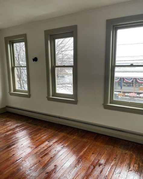 Darker Painted Trim, White Room With Green Trim, Green Trim Beige Walls, Cream Walls Green Trim, Bedroom Painted Trim, White Room Green Trim, Green Window Trim Interior, Painted Trim With White Walls, Sage Green Trim White Walls