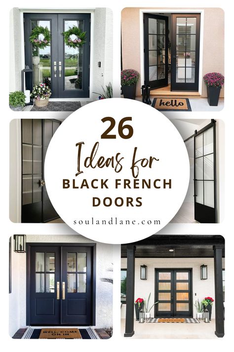 Chic black French doors are the perfect way to make a memorable first impression, offering both beauty and elegance to your home's entryway. These striking doors combine the classic charm of French design with a modern twist, creating a grand entrance that's both welcoming and stylish. Ideal for enhancing natural light and indoor-outdoor flow, black French doors add an architectural element that complements any decor style. French Door Exterior, Entry Door Styles, French Door Coverings, Fiberglass French Doors, Black French Doors, Floor To Ceiling Curtains, French Front Doors, Wood French Doors, White Porch