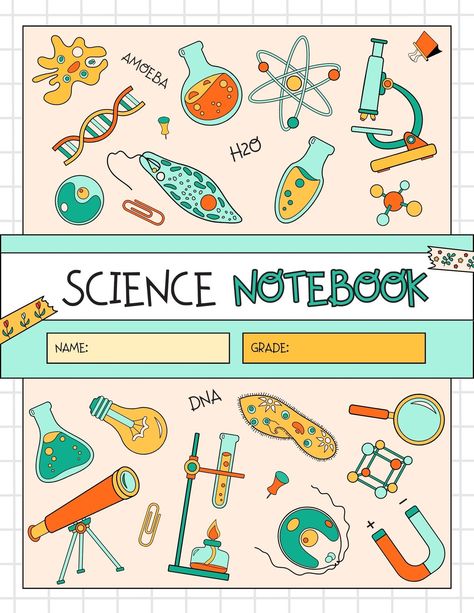 Blue Yellow Colorful Doodle School Science Notebook Cover - Templates by Canva Science Design Ideas Notebook, Science Notebook Design, Science Notebook Cover Ideas, Notebook Cover Template, Science Notebook Cover, Project Cover Page, Name Tag Design, School Book Covers, Colorful Notebooks