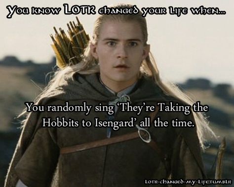 I recognized the picture and started singing it before I actually read the words at all. Movie Jokes, Lotr Funny, Into The West, Second Breakfast, The Shire, Orlando Bloom, Thranduil, Jrr Tolkien, Legolas