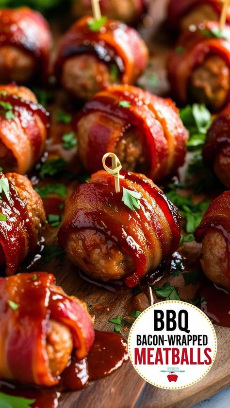 Learn how to make BBQ bacon-wrapped meatballs in just 30 minutes! These savory bites combine smoky bacon, tender meatballs, and a sweet BBQ glaze for the perfect party treat or weeknight dinner. Simple ingredients, big flavors, and minimal prep time—your new go-to recipe! #BBQBaconMeatballs #QuickRecipes #BaconLovers #EasyAppetizers #FastDinnerIdeas Bbq Meatball Appetizer Recipes, Bbq Meatball Recipes, Bacon Appetizers Easy, Wrapped Meatballs, Bacon Meatballs, Bacon Wrapped Meatballs, Dinners Simple, Bbq Meatball Recipe, Smokies Recipe