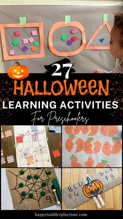 Halloween Learning Activities for Preschoolers - Happy Toddler Playtime Preschool Small Group, Halloween Learning Activities, Learning Activities For Preschoolers, Halloween Themed Activities, Activities For Preschoolers, Halloween Preschool, Make Learning Fun, Language Art Activities, Themed Activities