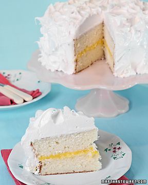 Martha Stewart's White Layer Cake.  After testing several white cake recipes, I finally tried this and it is the best. Cake With Lemon Curd Filling, White Layer Cake, Seven Minute Frosting, 7 Minute Frosting, Cake With Lemon Curd, Curd Filling, Martha Stewart Recipes, Lemon Curd Filling, White Cake Recipe