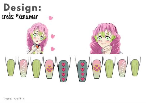 Mitsuri Kanroji Inspired Nails, Mitsuri Nail Design, Mitsuri Nails Acrylic, Mitsuri Kanroji Nail Art, Mitsuri Nail Art, Mitsuri Nails Design, Mitsuri Nails Demon Slayer, Mitsuri Inspired Nails, Nail Drawing Ideas Art Designs