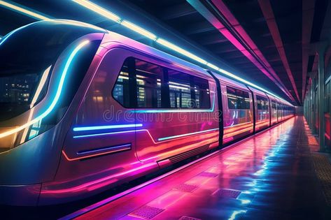 High speed futuristic train with neon glowing carriages at metro station stock photo Futuristic Train Station, Metro Station Aesthetic, Futuristic Train, 1980s Aesthetic, Photo Station, F1 2024, Subway Train, Cyberpunk City, Metro Station