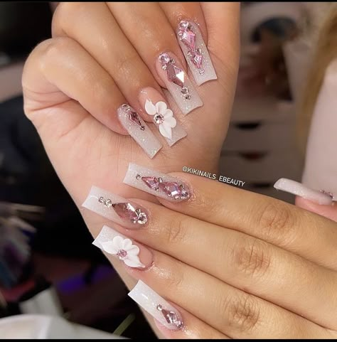 White Nails With Rime Stones, Pink Coffin Acrylic Nails With Gems, Medium Square Acrylic Nails With Rhinestones, Mexican Nails Designs Acrylic Short, Short Nails Acrylic With Rhinestones, Medium Nails Acrylic Charms, Latina Acrylic Nails Medium, Nails Acrylic Gemstone, Nail Inspo Birthday Set