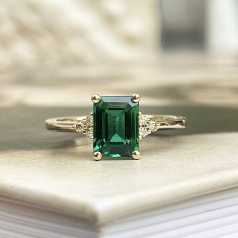 14KT Yellow Gold Lab Emerald + Diamond Estate Ring Size 4.5 - Legacy Saint Jewelry Emerald Square Ring, Emerald Cut Gemstone Ring, Gold And Emerald Ring, Emerald Ring Design, Vintage Emerald Ring, Green Engagement Rings, Emerald Gold Ring, Emerald Engagement Ring Green, Gold Emerald Ring