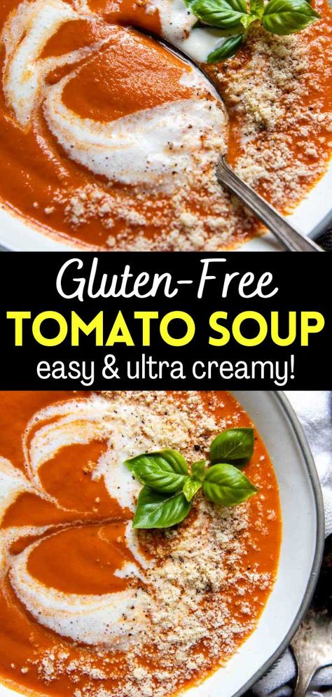 Dive into the ultimate bowl of comfort with the best gluten-free tomato soup! This thick, creamy, and rich soup recipe has complex bistro soup flavor, but made effortlessly with simple, easy ingredients! Tomato Soup Vegan, Healthy Tomato Soup, Gluten Free Tomato Soup, Dairy Free Tomato Soup, Gluten Free Croutons, Gluten Free Focaccia, Dairy Free Appetizers, Tomato Soup Easy, Tomato Soup Recipe