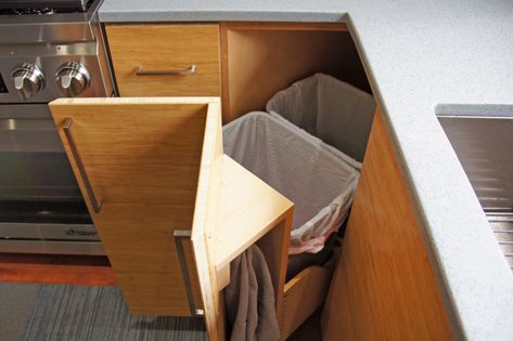 Kitchen Lazy Susan, Kitchen Innovation, Kitchen Trash Cans, Kitchen Corner, Trash Bin, Corner Cabinet, Yellow Kitchen, Kitchen Inspo, Kitchen Redo