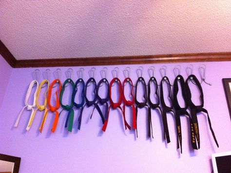 No belt display ever had enough room for my belts. Got these hooks at Ikea! They work great! Taekwondo Belt Display, Karate Belt Display, Martial Arts Belt Display, Taekwondo Belts, Taekwondo Girl, Karate Dojo, Martial Arts Belts, Karate Training, Karate Belt