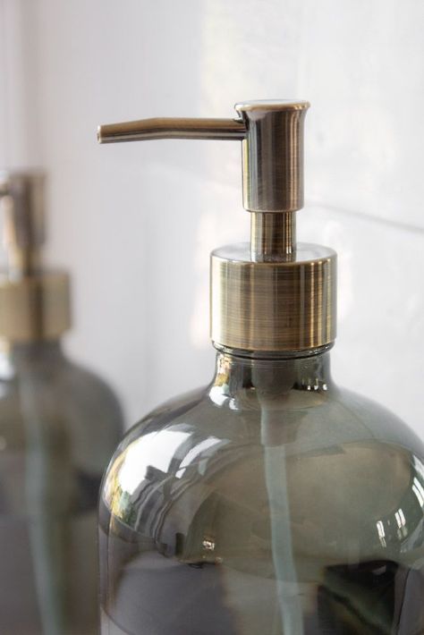 Image of the Smoked Glass Soap Dispenser Bottle - Large Vintage Style Bathroom, Glam Bathroom, Luxe Bathroom, Glass Soap Dispenser, Soap Pump Dispenser, Rockett St George, Retro Accessories, Kitchen Soap, Kitchen Soap Dispenser