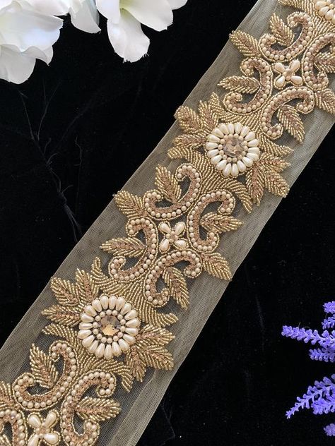 Exclusive Gold Net Floral Trim Hand Embroidered Trim Diamante | Etsy Ribbon Hair Accessories, Bead Lace, Gold Lehenga, Costume Wedding, Leaf Scarf, Hair Accessories Bridal, Bridal Applique, Wedding Dress Sash, Simple Embroidery Designs