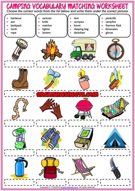 Camping ESL Printable Matching Exercise Worksheet For Kids Dictionary For Kids, Missing Letters, Worksheet For Kids, Kids Worksheets Printables, Learning Cards, Activities Worksheet, Vocabulary Games, Vocabulary List, Vocabulary Activities