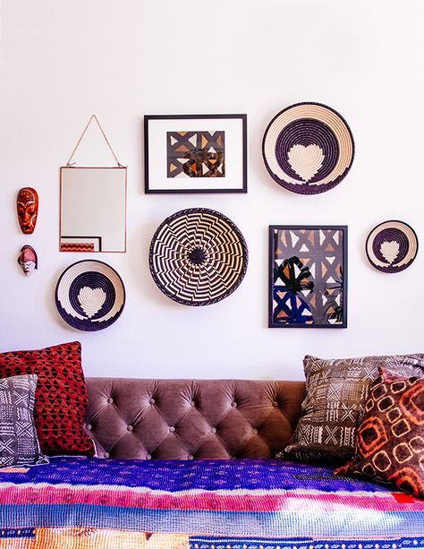 Timy Houses, Basket Gallery Wall, Charity Design, The Jungalow, Justina Blakeney, Butterfly House, Big Reveal, Bohemian Home, Baskets On Wall