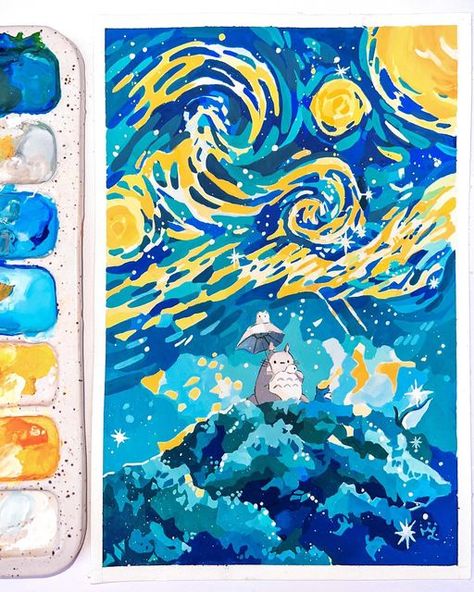 Marlene on Instagram: "totoro’s starry night ⁣ Had this idea in my head for a while and finally decided to turn it into a painting! Every time i watch this scene in totoro, i always thought of Van Gogh’s piece, The Starry Night and how magical they’d look together so here it is. Also!! it was so fun working with bold strokes to create the sky. I’m always focusing on the tiny details that it was fun to let go of that for once :) Merry christmas everyone!! 🎄⁣ ⁣ Made with Winsor and Newton gouache Van Gogh Drawings, Studio Ghibli Inspired, Totoro Art, Magical Paintings, Starry Night Art, Winsor And Newton, Starry Night Painting, Scene Drawing, Star Painting