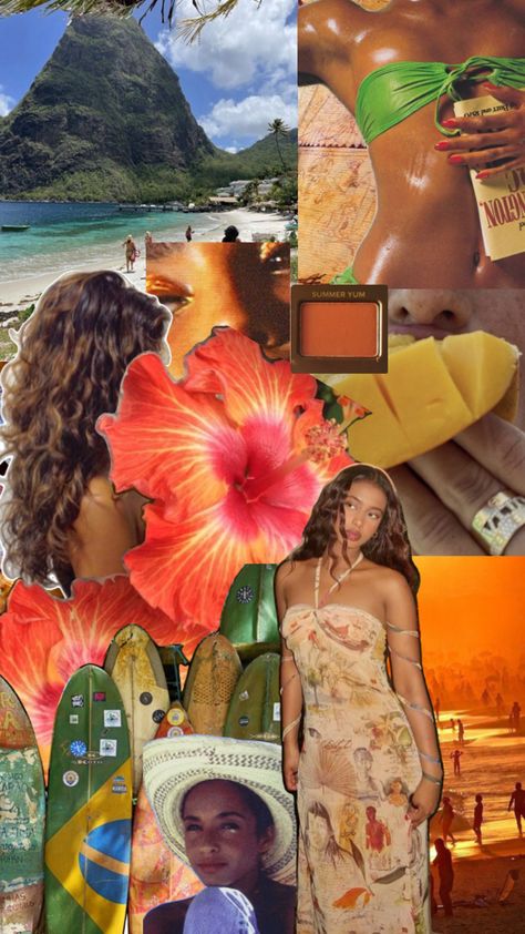 Tropical Mood Board Fashion, Summer Outfits Tropical Vacations, Brazil Life Aesthetic, Brazil Travel Aesthetic, Tropical Paradise Aesthetic, Tropicana Aesthetic, Tropical Vibes Wallpaper, Brazil Outfit Ideas, Tropical Island Aesthetic