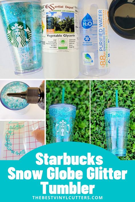 Starbucks Glitter Tumbler, Making Snow Globes, Tumbler Cricut, Starbucks Snow Globe Tumbler, Starbucks Snowglobe Tumbler, Adhesive Vinyl Projects, Diy Starbucks, Girls Night Crafts, How To Make Glitter