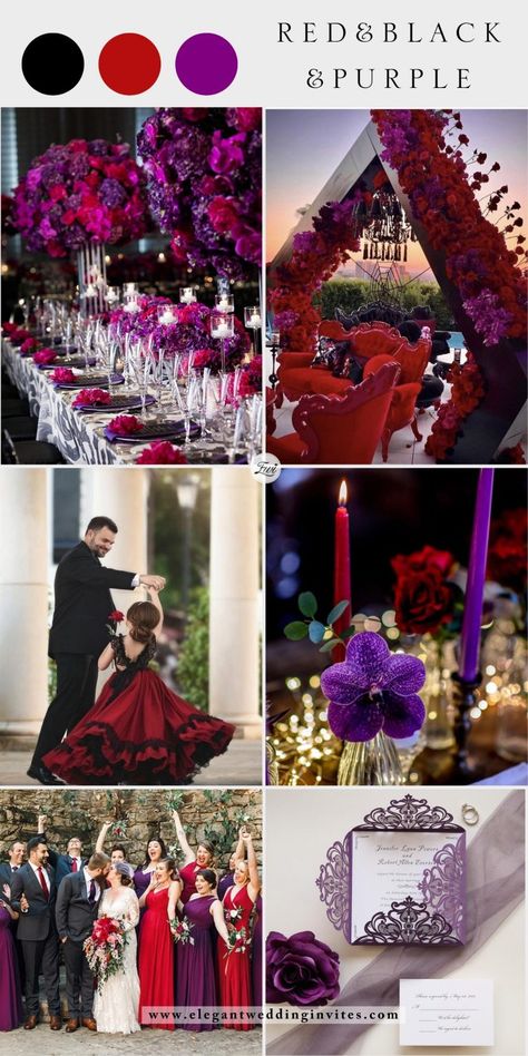 Red Black Wedding Theme, Black Wedding Theme Ideas, Wedding Color Schemes Red, Red Purple Wedding, April Wedding Colors, Black Wedding Theme, Red Black Wedding, Purple Black Wedding, Wedding Theme Color Schemes