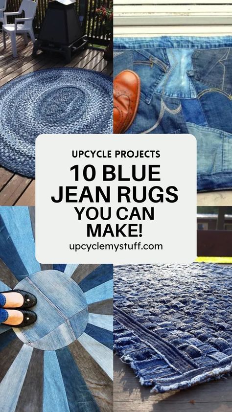 Turn old jeans into a stunning blue jeans rug! This upcycling project uses denim scraps to create a stylish homemade rug. Choose one of the denim rug DIY tutorials for step-by-step instructions on how to make a fabric rug. Perfect for denim crafts, jeans crafts, or anyone looking for denim recycle ideas. Create a rectangle rag rug or patchwork rug with these simple, free sewing tutorials. Rag Rug From Old Clothes, Denim Planters Diy, Leftover Jeans Projects, Rag Rug Patterns Free, Repurposing Denim Jeans, Denim Curtains Diy, Quilted Rugs Floor, What To Do With Old Jeans Ideas, Jeans Diy Ideas Recycled