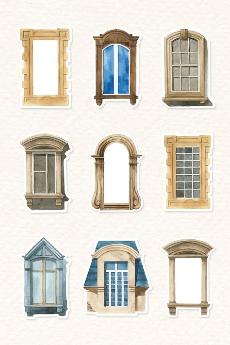 Vintage window architecture watercolor illustration collection | free image by rawpixel.com / Niwat Window Sketch, Architecture Watercolor, European Windows, Italian Doors, Window Poster, Window Illustration, Window Architecture, Window Drawing, Vintage Window