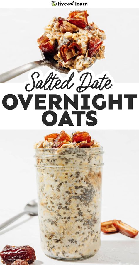 These sea salt and date overnight oats bring caramel flavor to breakfast! They are quick to make, made with simple ingredients, and packed with nutrients. Date Overnight Oats, Salted Caramel Candy, Overnight Oats Recipe Easy, Salted Caramel Bars, Best Overnight Oats Recipe, Oat Recipes Healthy, Overnight Oats Recipe Healthy, Overnight Oats Healthy, Vegetarian Breakfast Recipes