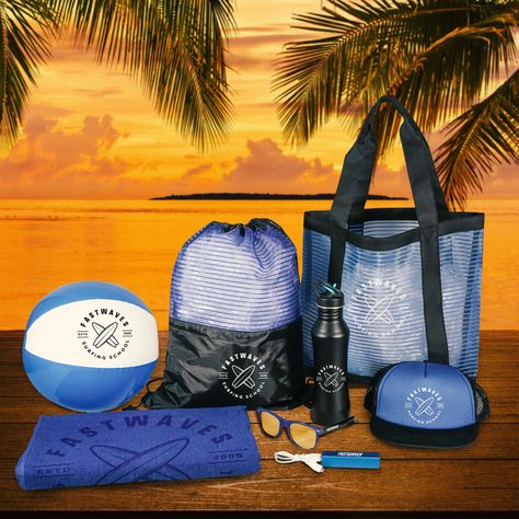 It's summer, have some fun!  That's what our new beach collection of #promotionalproducts is all about.  You want to promote your #brand with fun, stylish items clients can take on their outdoor or beach outings.   Classic items like #drawstringbags or #customtotes can match up with #promotionaltowels and #truckerhats Summer Giveaway Ideas, Company Merch, Beach Gadgets, Custom Totes, Pr Package, Pop Ideas, Summer Giveaway, Beach Towel Gift, Beach Stuff