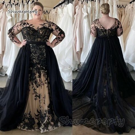 Gothic Black Wedding Dress Lace Appliques Long Sleeves Plus Size Bridal Gowns V-Back Detachable Train Vestido De Novia - AliExpress Black Plus Size Wedding Dress, Black Wedding Dress Lace, Black White Wedding Dress, Black Lace Wedding Dress, Black Red Wedding, Black Wedding Gowns, Long Sleeve Bridal Gown, Black Wedding Dress, A Line Bridal Gowns