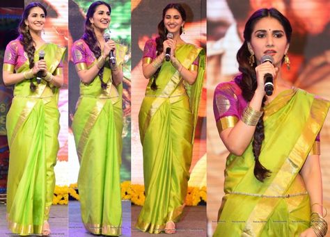 Vaani Kapoor rocking yet another Southern Silk #Saree... Love the pop of purple in the blouse Parrot Green Saree, Sari Style, Vaani Kapoor, Green Sari, Indian Celebrity, Parrot Green, Purple Saree, Anushka Shetty, Wedding Blouse Designs