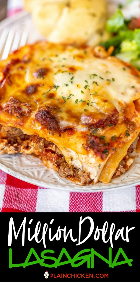 This Million Dollar Lasagna is seriously THE BEST lasagna we've ever eaten!!! SO easy to make and tastes like a million bucks. Lasagna noodles, cottage cheese, cream cheese, sour cream, Italian sausage, spaghetti sauce, tomato sauce, mozzarella, and parmesan. Serve with some garlic bread and a salad. Can make in advance and refrigerate. Freeze leftovers for later. We LOVE this lasagna casserole recipe!!! Million Dollar Lasagna, Easy Cheese Lasagna Recipe, Sausage Spaghetti Sauce, Cottage Cheese Cream Cheese, Cottage Cheese Lasagna Recipe, Spaghetti Parmesan, Easy Lasagna Recipe With Ricotta, Italian Sausage Spaghetti, Parmesan Noodles