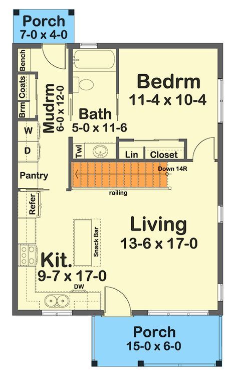 This ADU cottage has a gabled front porch and gives you 744 square feet of heated living inside with a bedroom, a bathroom and an open living space. Architectural Designs' primary focus is to make the process of finding and buying house plans more convenient for those interested in constructing new homes - single family and multi-family ones - as well as garages, pool houses and even sheds and backyard offices.  Our website offers a vast collection of home designs, encompassing various arch Adu Cottage, Gabled Front Porch, Granny Pod, Small Cottage House Plans, Open Living Space, Basement Reno, Cottage Floor Plans, Small House Floor Plans, Backyard Office