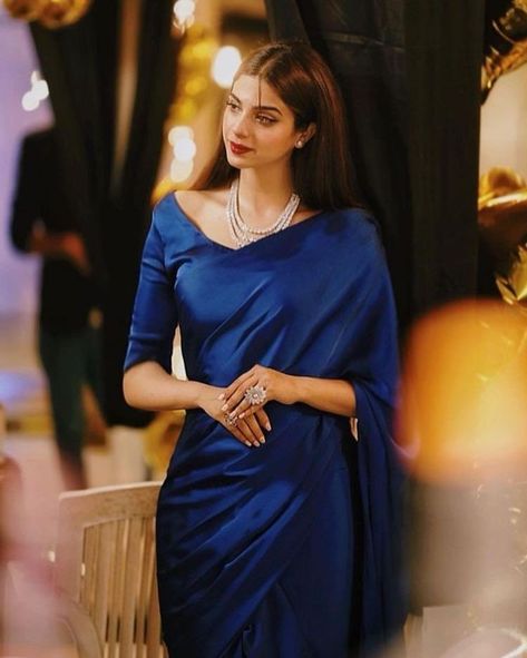 Soft texture royal blue SATIN saree with Unstitched blouse handmade customised Simple Saree Look For Function, Light Blue Saree, Sonya Hussyn, Blue Silk Saree, Sarees For Girls, Simple Saree Designs, Fancy Sarees Party Wear, Simple Sarees, Desi Fashion Casual