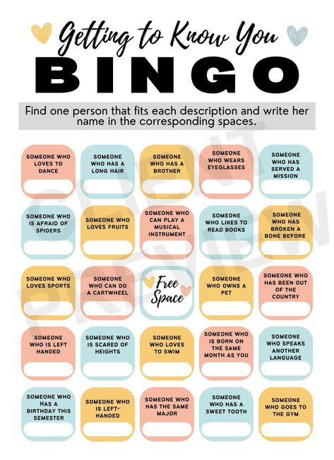 Make friends with the people in your party with this get to know you bingo game. This includes a pdf file of printable 7 variations of cards, one bingo guide, and a personal direct access link to customize your own cards using my template. Creative Bingo Ideas, Speed Friending Questions, Fun Bingo Template, Get To Know You Bingo, Bingo Questions, Friendship Bingo, Housekeeping Week, Friends Bingo, Bingo Ideas