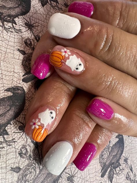 Pink And Orange Halloween Nails, Ghost Acrylic Nails, Pink Ghost Nails, Pink Pumpkin Nails, Random Nails, Pumpkins And Flowers, Pumpkin Paint, Ghost Nails, Autumn Nail