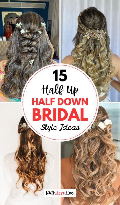 Unveil your perfect bridal hairstyle with these stunning half up half down ideas! Ideal for adding a touch of elegance while keeping your hair beautifully styled. Whether you’re going for boho or classic, we have you covered! 🌷👑 Be sure to save this pin for later! Bridal Updos Half Up Half Down, Wedding Hair For Bride With Veil Half Up, Beach Bridal Hair Half Up, Hair Styles Down For Wedding, Masquerade Hairstyles Long, Hairstyles Wedding Half Up Half Down, Celebrity Half Up Half Down Hair, Simple Wedding Hairstyles Half Up Half Down, Updos Half Up Half Down