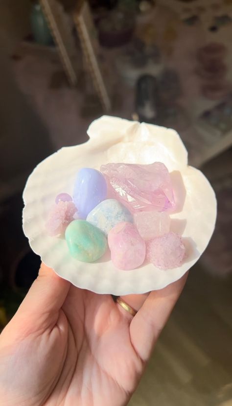 Crystal Core Aesthetic, Beach Crystals, Beautiful Seashells, Cleansing Energy, Crystal Seashells, Aesthetic Ocean, Grape Agate, Crystal Vibes, Witchy Aesthetic