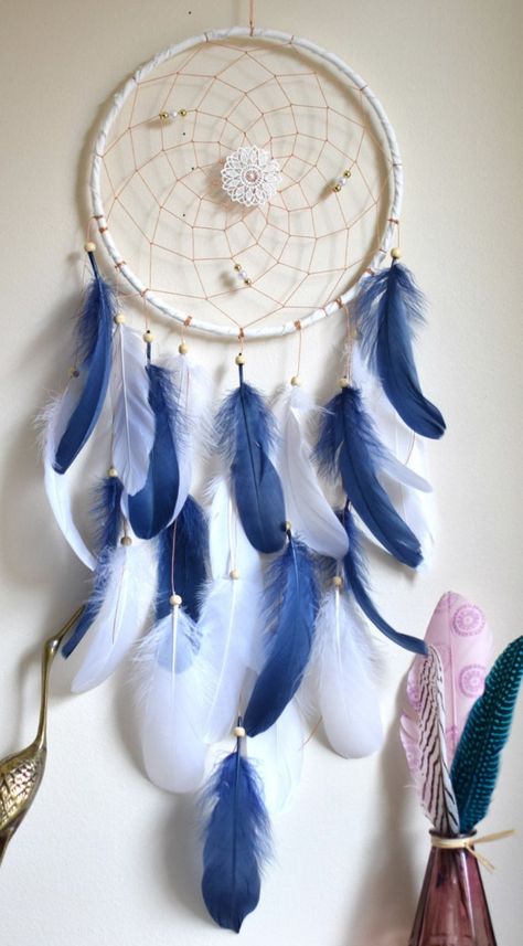 Western Boho Home Decor, Nursery Mobile Girl, White Dream Catcher, Navy Blue Decor, Whimsical Bedroom, Dream Catcher Mobile, Dream Catcher Decor, Dream Catcher Art, Dream Catcher Native American