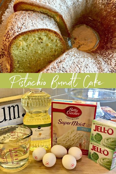 This is a 2 photo collage - top photo of a Pistachio Bundt Cake cut, showing the inside of the cake. The bottom photo shows the ingredients needed to make the cake displayed on a cutting board. Water, oil, 5 eggs, box of white cake mix and two boxes of pistachio pudding. Easy Pistachio Bundt Cake, Pistachio Pudding Cake Recipe, Green Bundt Cake, Pistachio Pudding Bundt Cake, Pistachio Bundt Cake With Sour Cream, Pistachio Cake With Box Cake, Box Bundt Cake, Swirl Bundt Cake, New Years Bundt Cake Recipes