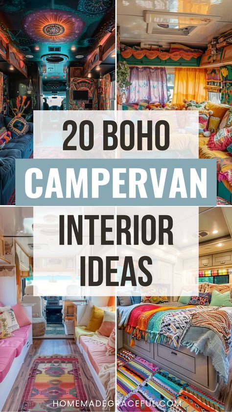 boho campervan interior ideas Camper Curtain Ideas Bohemian, Toyota Camper Remodel, Avion Camper Remodel Interior Design, Rv Color Palette, Rv Dashboard Ideas, Exterior Camper Paint, Rv Color Schemes Decorating Ideas, Rv Theme Ideas, Interior Van Designs