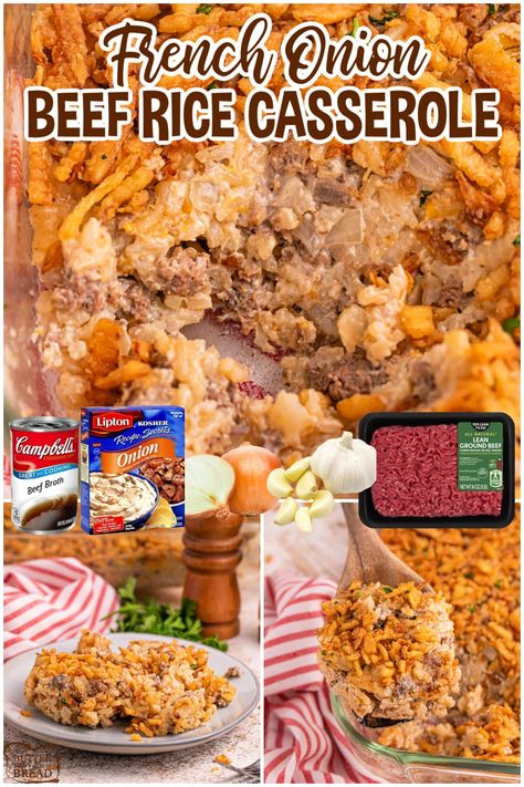 FRENCH ONION BEEF RICE CASSEROLE - Butter with a Side of Bread Beef Rice Casserole, French Onion Casserole, Hamburger Rice Casserole, French Onion Beef, Onion Rice, Onion Casserole, Ground Beef Rice, Yummy Casserole Recipes, Leftover Beef