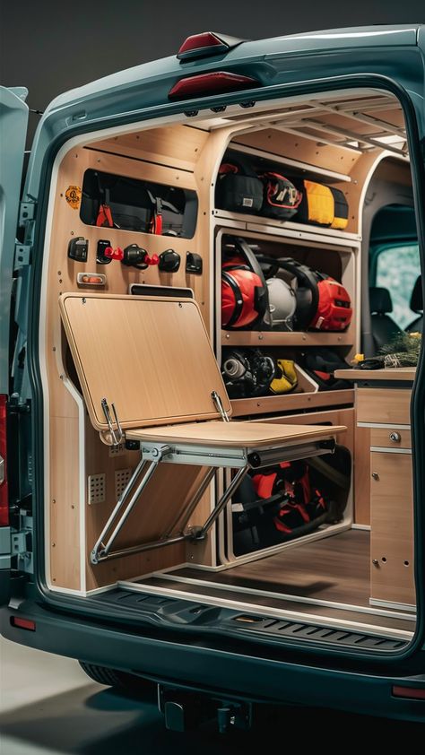 A compact gear wall with flip table designs and space-saving storage in a small van. Campervan Interior Ideas, Vw T5 Campervan, Flip Table, Van Organization, Luxury Rv Living, Kangoo Camper, Mercedes Camper, Gear Wall, Suzuki Carry