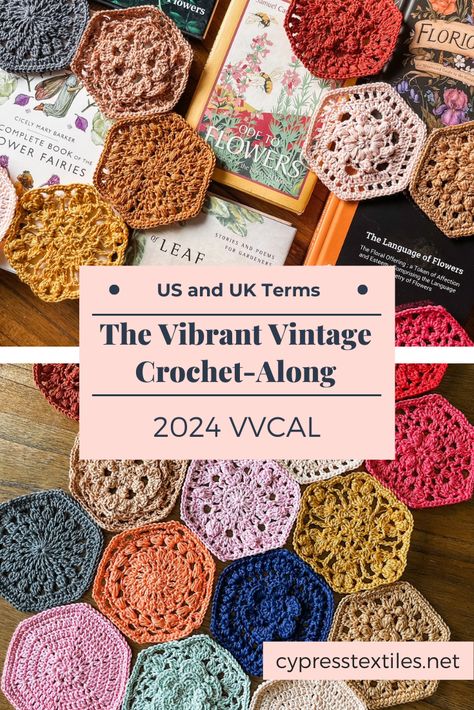 2024 VVCAL Main Info Page | cypress|textiles 2024 Crochet Along, Cal Crochet, Crochet Cal, Crochet Granny Square Tutorial, Spring Palette, Cicely Mary Barker, Crochet Hexagon, Crochet Circles, Afghan Crochet