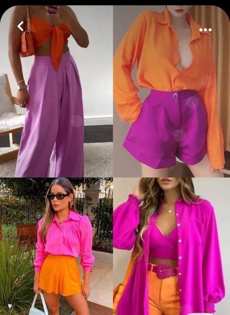 Color Block Party Outfit, Orange And Pink Outfits For Women, Pink Orange Aesthetic Outfit, Neon Color Outfits Party, Magenta And Orange Outfit, Pink And Orange Color Block Outfit, Bright Pink Outfit Ideas, Pink And Orange Summer Outfit, Orange And Hot Pink Outfit