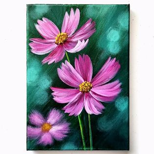 Cosmos Flowers Acrylic Painting | Cosmos Flowers Acrylic Painting Color used : Viridian, Black, Sap green, White, Black, Lilac, Magenta, Burnt sienna, Raw umber, Lemon yellow #art... | By El Drawing Arts | Facebook Kosmos Flowers Painting, Cosmos Flowers Painting, Painting Cosmos, Cosmos Painting, Flowers Acrylic Painting, Mini Canvases, Sap Green, Drawing Arts, Flowers Acrylic