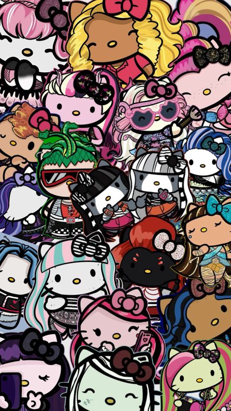 Monsterhigh and hello kitty mashup 2000s Wallpaper Aesthetic, High Hello Kitty, Girl Pfp Icon, Calling All The Monsters, Kida Disney, 2000s Posters, Hello Kitty Halloween Wallpaper, Clothes Alt, Tattoo Coloring Book