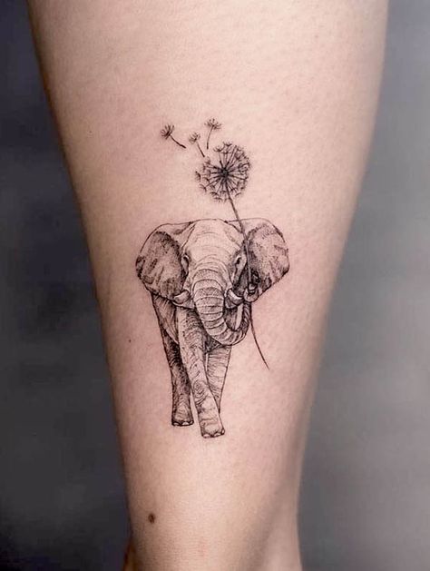 Dandelion and elephant tattoo by @maymay.tattoo Elephant Memorial Tattoo Mom, Elephant Tattoos On Wrist, Tattoos With Elephants, Elephant Memorial Tattoo, Soup Tattoo, Elephant Tattoos With Flowers, Elephant Art Tattoo, Elephant Family Art, Small Elephant Tattoo