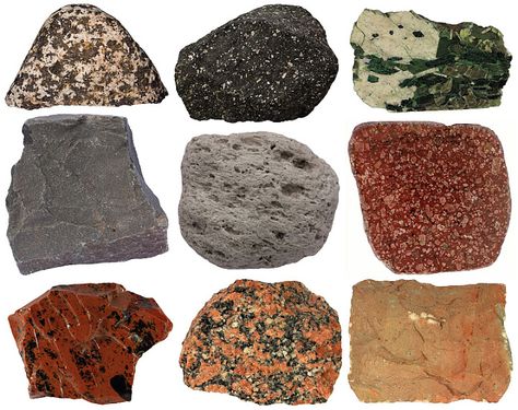 Igneous rocks: left to right: gabbro, andesite, pegmatite, basalt, pumice, porphyry, obsidian, granite, and tuff. Types Of Rocks, Different Types Of Rocks, Mineral Identification, Rock Identification, Igneous Rocks, Rock Tumbling, Rock Hunting, Rock Textures, Geology Rocks