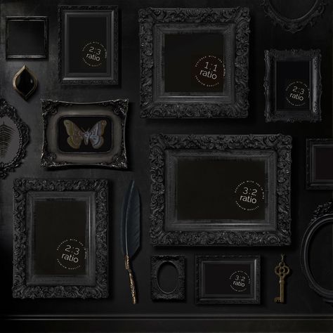 Moody Gallery Wall Bedroom, Gothic Photo Wall, Goth Gallery Wall, Black Frame Gallery Wall, Dark And Moody Office, Dark Gallery Wall, Victorian Gallery Wall, Dark Baroque, Whimsigoth Aesthetic